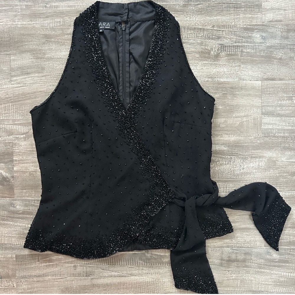 Zara Black Beaded Wrap-Front Sleeveless Blouse